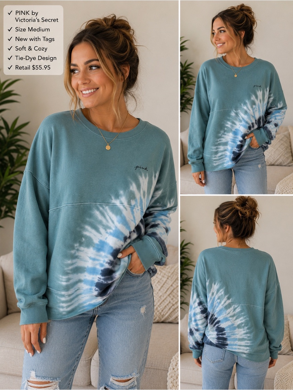 PINK Victoria's Secret Teal Tie-Dye Relaxed Fit Crewneck Sweatshirt Size M NWT